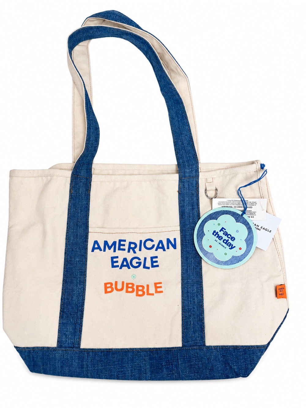 American Eagle Outfitters Cream and Blue Canvas Tote with Orange Logo